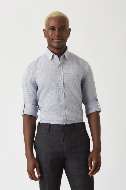 Erkek Mavi Pamuk Regular Fit Paşa Yaka Spor Gömlek