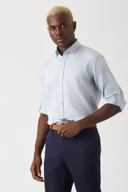 Erkek Mavi Pamuk Regular Fit Spor Gömlek - 1