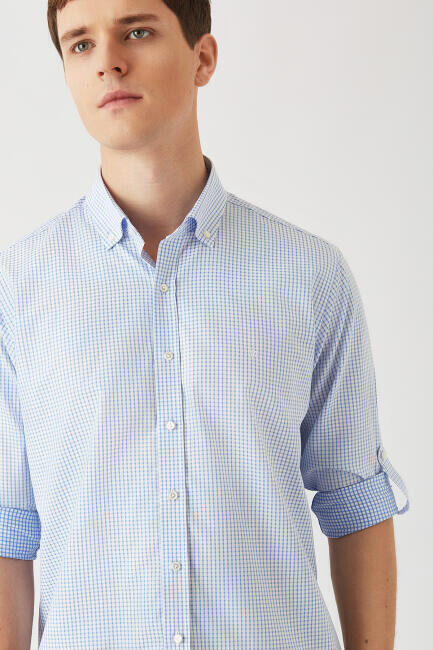 Erkek Mavi Pamuk Regular Fit Uzun Kol Spor Gömlek - 3