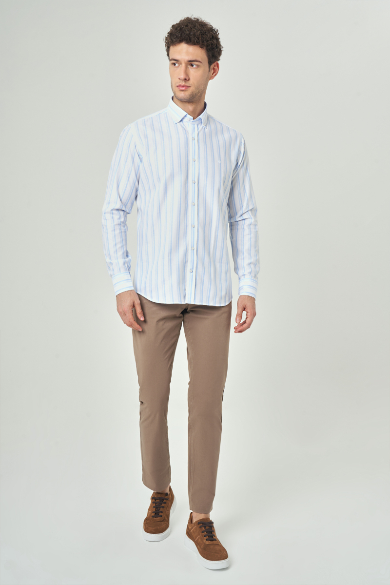 Erkek Mavi Regular Fit Klasik Pamuk Uzun Kol Gömlek - 4