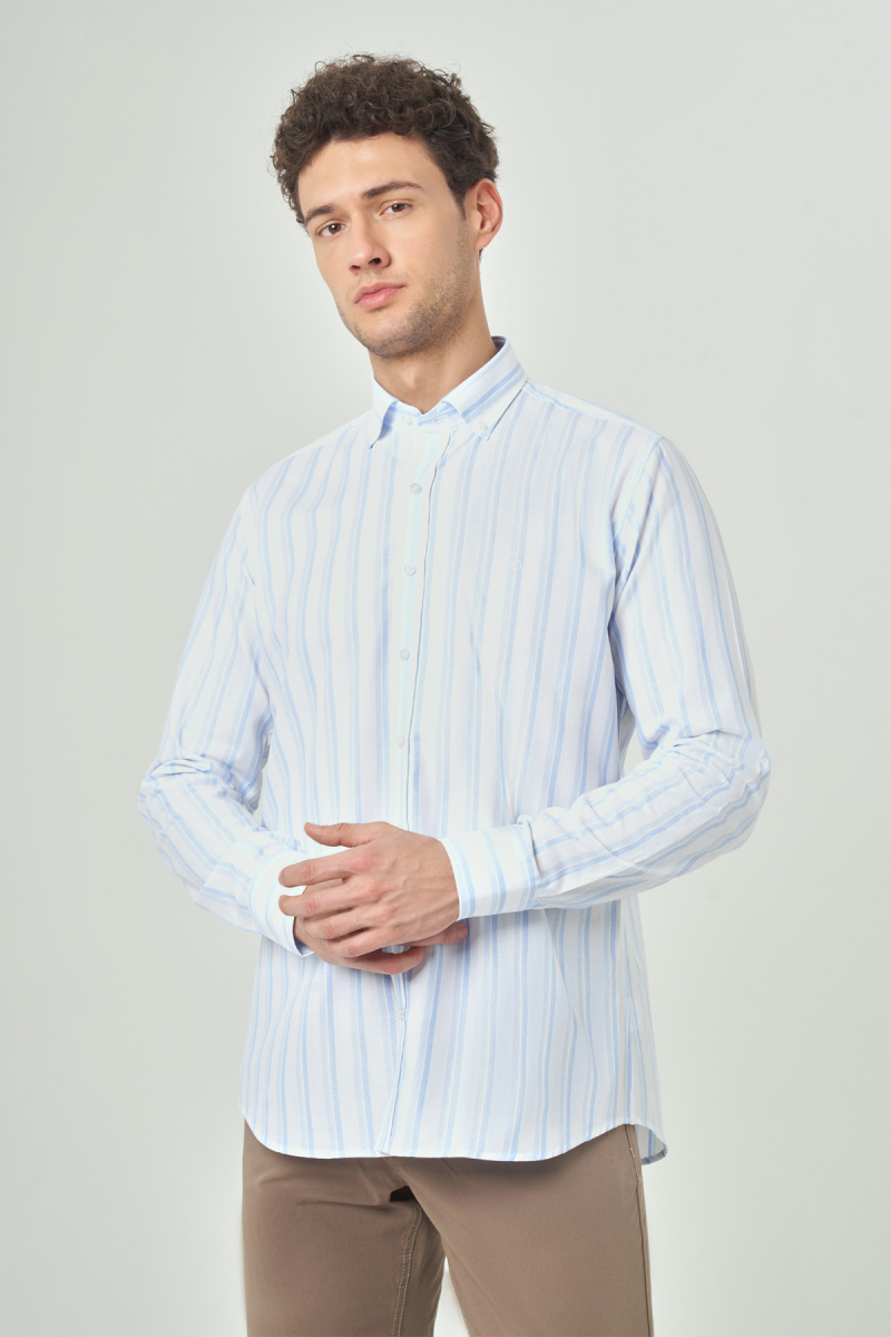 Erkek Mavi Regular Fit Klasik Pamuk Uzun Kol Gömlek