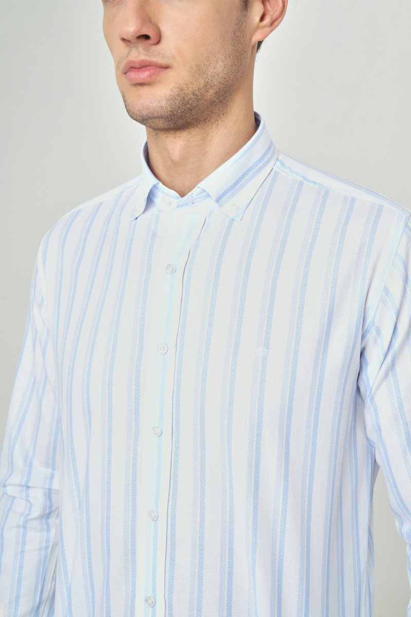 Erkek Mavi Regular Fit Klasik Pamuk Uzun Kol Gömlek - 3