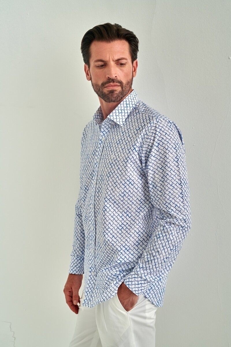 Erkek Mavi Regular Fit Klasik Yaka Uzun Kollu Spor Gömlek (1)