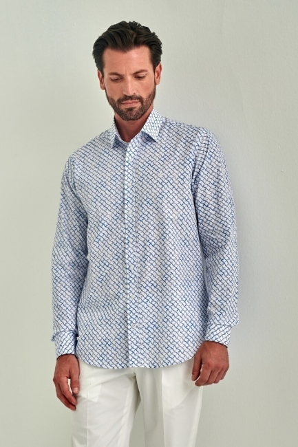 Erkek Mavi Regular Fit Klasik Yaka Uzun Kollu Spor Gömlek - 4