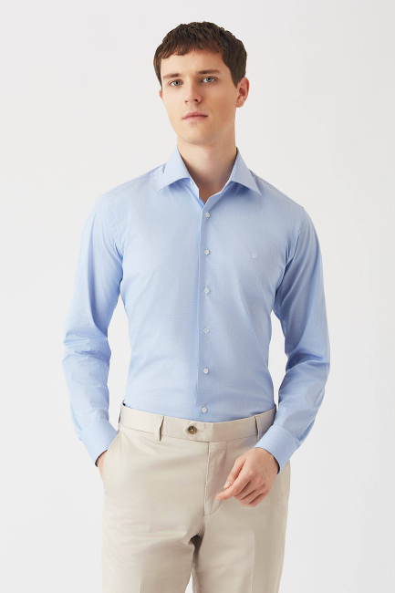 Erkek Mavi Regular Fit Likralı Klasik Gömlek - 1