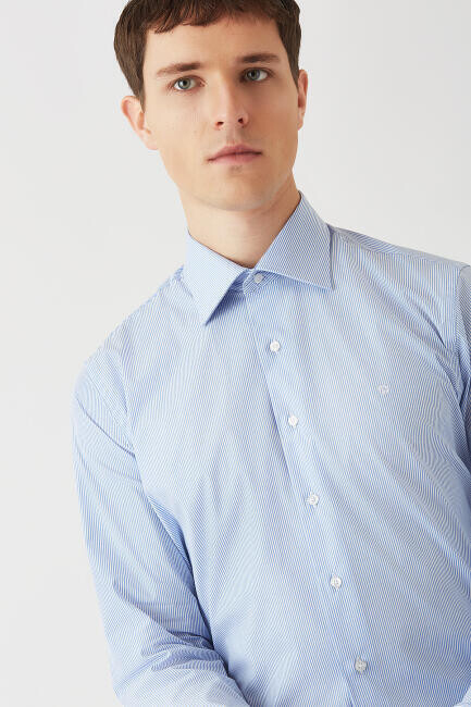 Erkek Mavi Regular Fit Likralı Ofis Tarzı Klasik Gömlek - 3