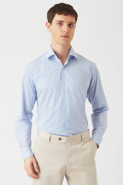 Erkek Mavi Regular Fit Likralı Ofis Tarzı Klasik Gömlek - 1
