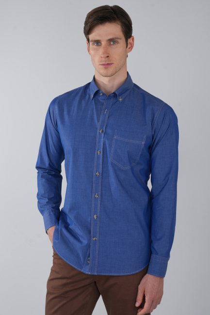 Erkek Mavi Regular Fit Paşa Yaka Tek Cep Gömlek