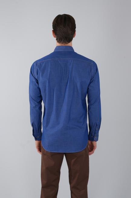 Erkek Mavi Regular Fit Paşa Yaka Tek Cep Gömlek (1)