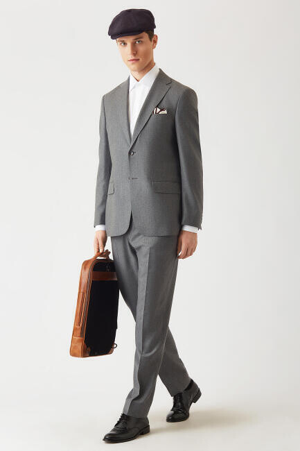 Erkek Mono Yaka 2 Düğmeli Çift Yırtmaçlı Yün Kaşmir Takım Elbise Gri - 5