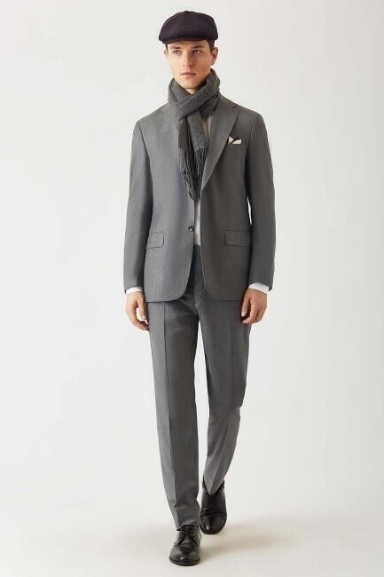 Erkek Mono Yaka 2 Düğmeli Çift Yırtmaçlı Yün Kaşmir Takım Elbise Gri - 3