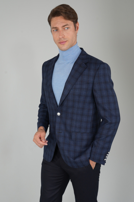 Erkek Mono Yaka 6 Drop Çift Yırtmaçlı Lacivert Yün Ceket