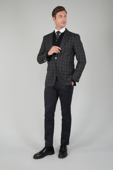 Erkek Mono Yaka 6 Drop Çift Yırtmaçlı Siyah Yün Ceket - 5