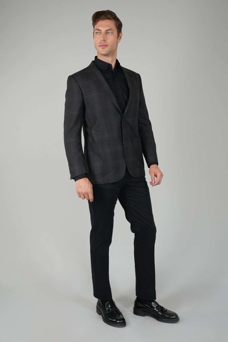 Erkek Mono Yaka Çift Yırtmaç 6 Drop Antrasit Ceket - 5