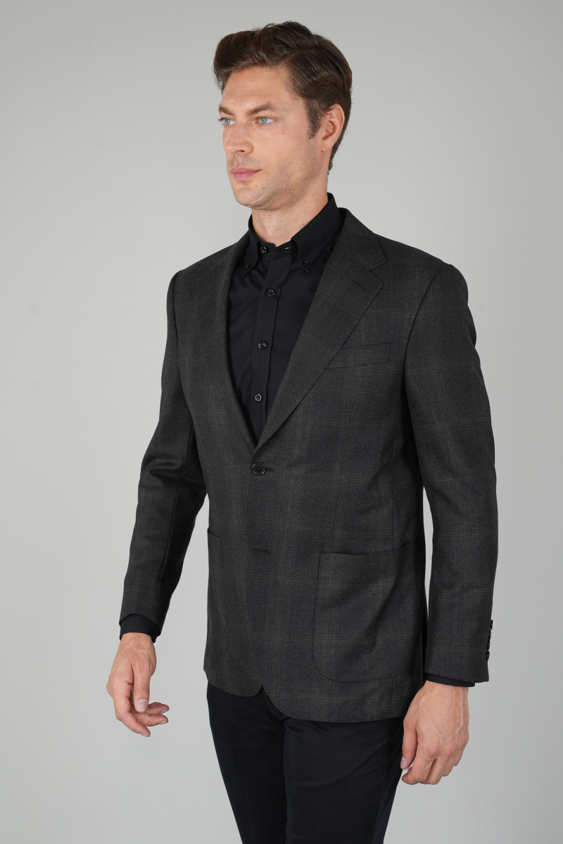 Erkek Mono Yaka Çift Yırtmaç 6 Drop Antrasit Ceket - 1