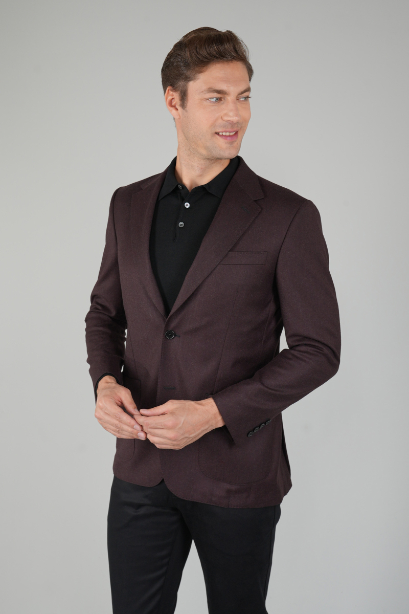 Erkek Mono Yaka Çift Yırtmaç 6 Drop Bordo Ceket - 1