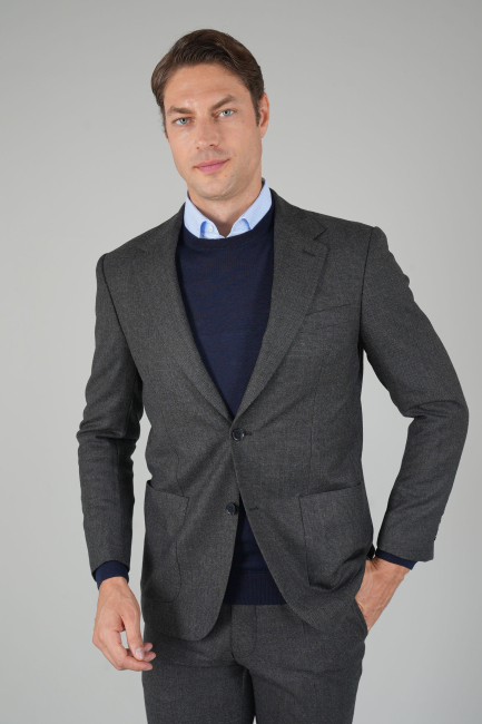 Erkek Mono Yaka Çift Yırtmaçlı 6 Drop Antrasit Takım Elbise - 1