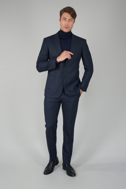 Erkek Mono Yaka Çift Yırtmaçlı 6 Drop Lacivert Takım Elbise 
