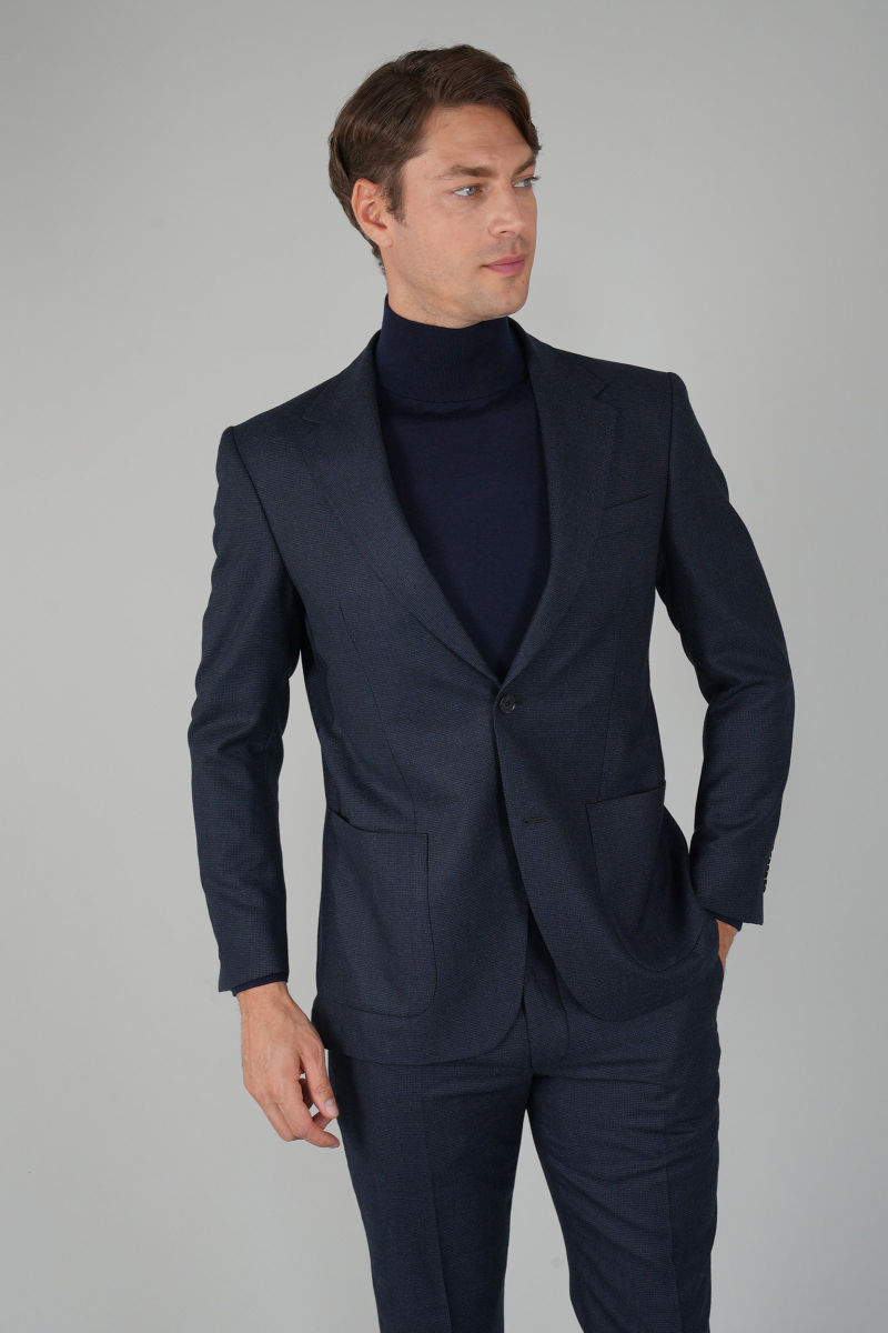 Erkek Mono Yaka Çift Yırtmaçlı 6 Drop Lacivert Takım Elbise - 3
