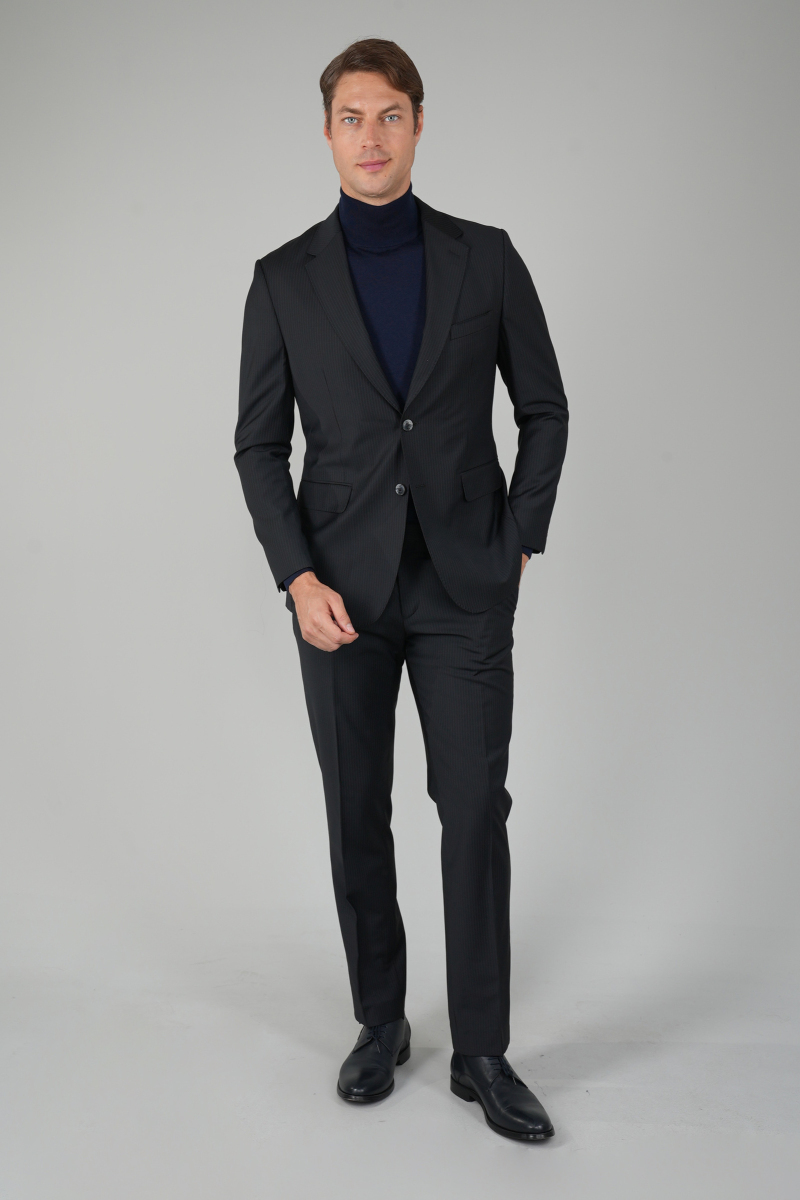 Erkek Mono Yaka Çift Yırtmaçlı 6 Drop Siyah Ceket  - 3