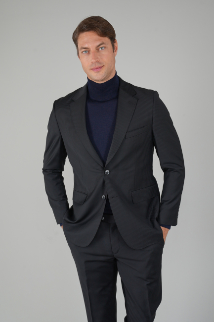 Erkek Mono Yaka Çift Yırtmaçlı 6 Drop Siyah Ceket  - 1