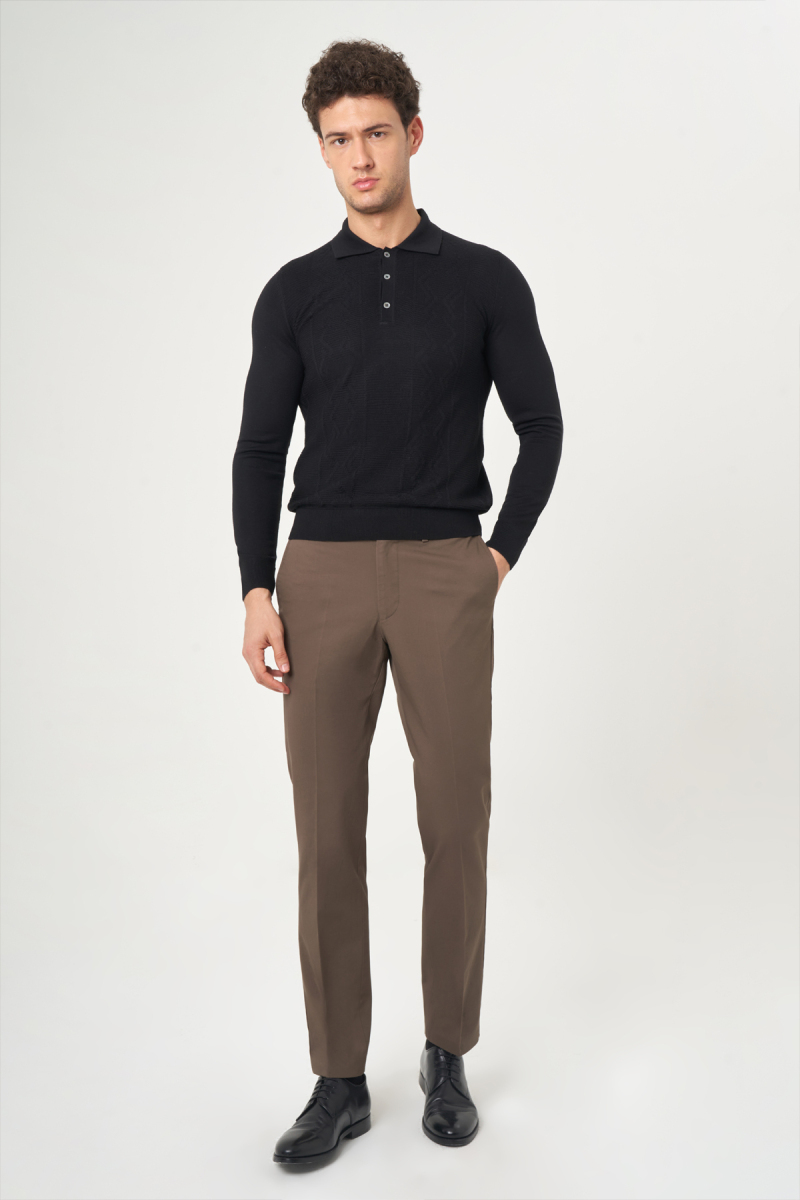 Erkek Polo Yaka Düğmeli Siyah Yün Triko Camel - 4