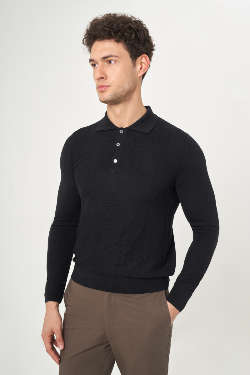 Erkek Polo Yaka Düğmeli Siyah Yün Triko Camel