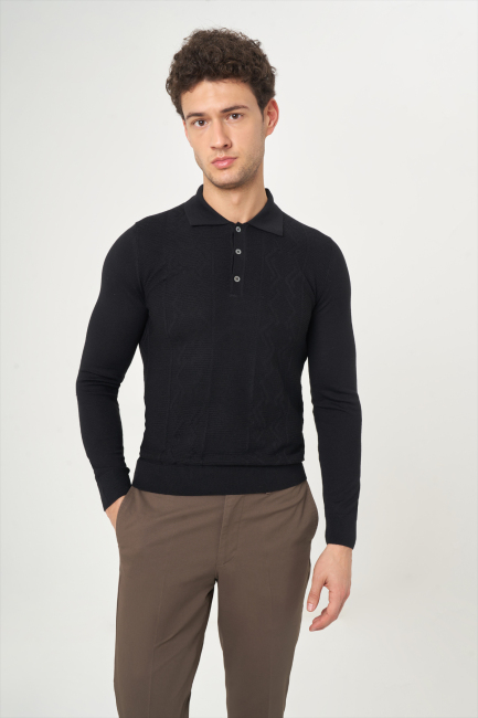 Erkek Polo Yaka Düğmeli Siyah Yün Triko Camel - 3