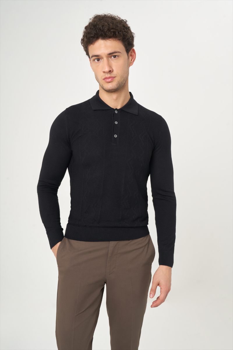 Erkek Polo Yaka Düğmeli Siyah Yün Triko Camel - 3