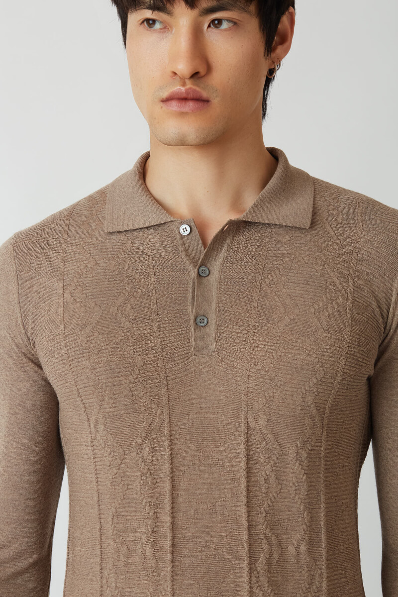 Erkek Polo Yaka Düğmeli Yün Triko Camel - 3