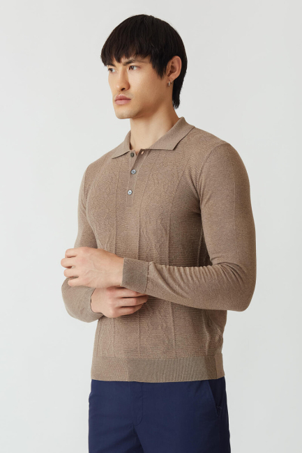 Erkek Polo Yaka Düğmeli Yün Triko Camel - 4