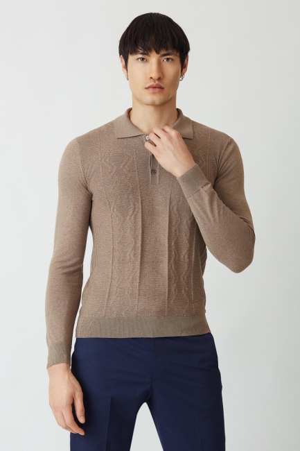 Erkek Polo Yaka Düğmeli Yün Triko Camel - 5