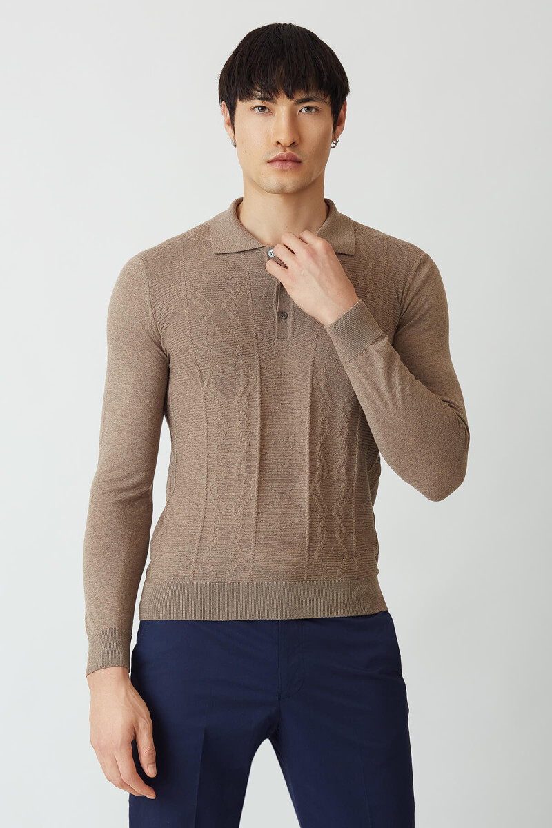 Erkek Polo Yaka Düğmeli Yün Triko Camel - 5