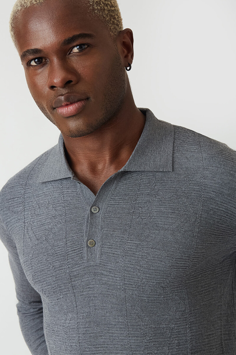 Erkek Polo Yaka Düğmeli Yün Triko Gri - 3