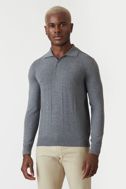 Erkek Polo Yaka Düğmeli Yün Triko Gri - 4