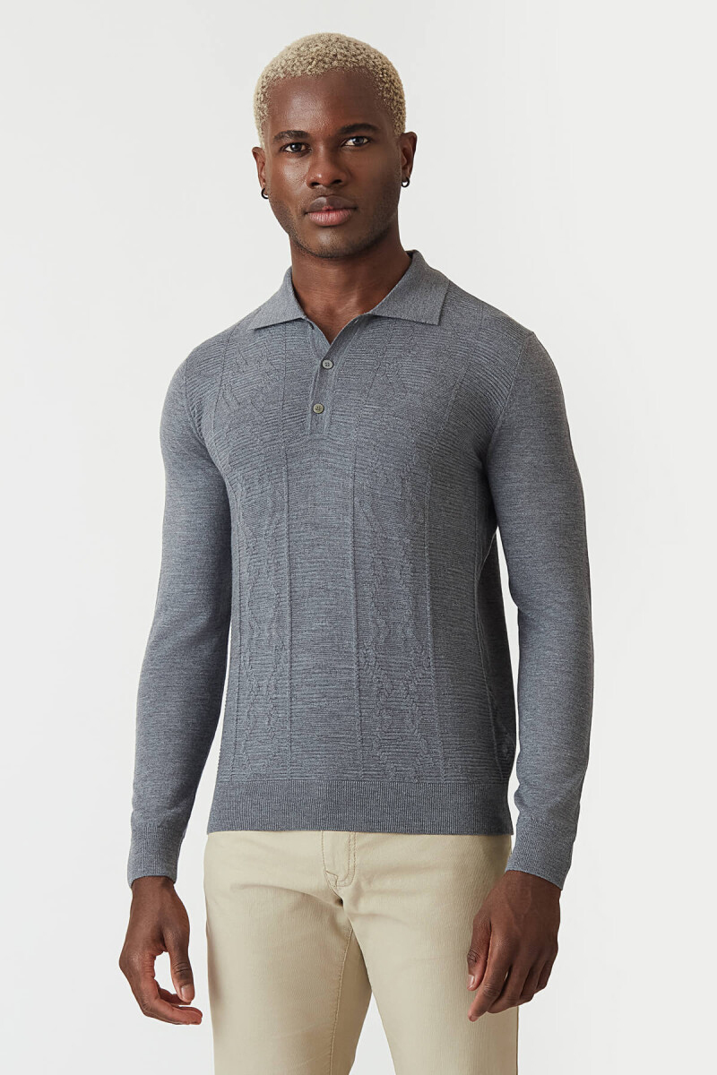 Erkek Polo Yaka Düğmeli Yün Triko Gri - 4