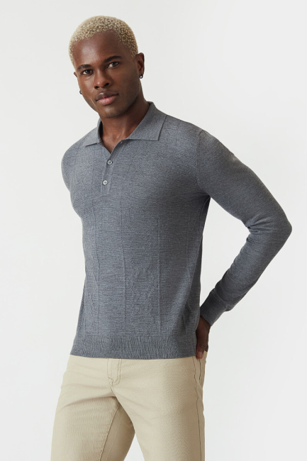 Erkek Polo Yaka Düğmeli Yün Triko Gri - 5