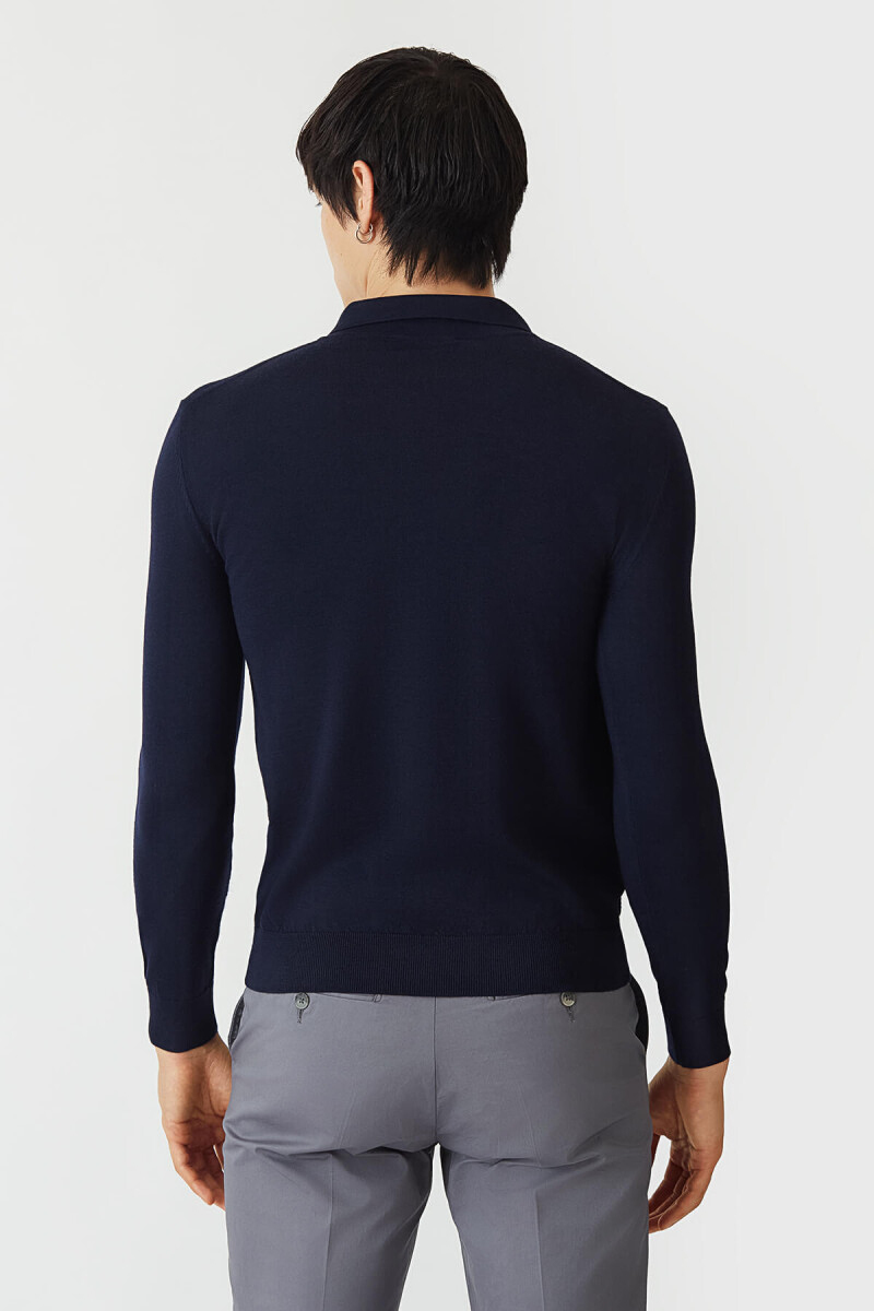 Lacivert Regular Fit Yün Düğmeli Polo Yaka Triko - 2
