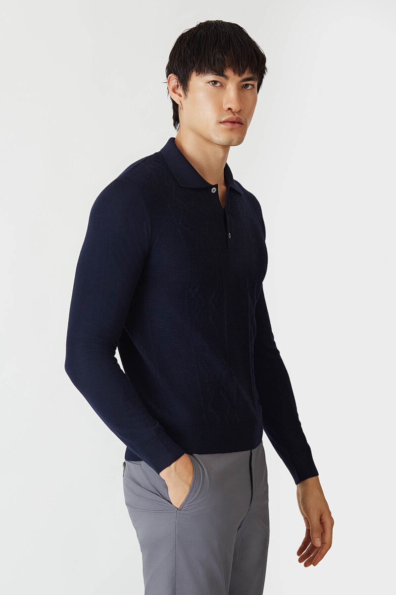 Lacivert Regular Fit Yün Düğmeli Polo Yaka Triko - 4