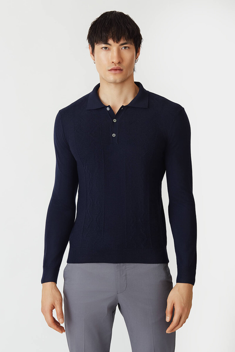 Lacivert Regular Fit Yün Düğmeli Polo Yaka Triko - 1