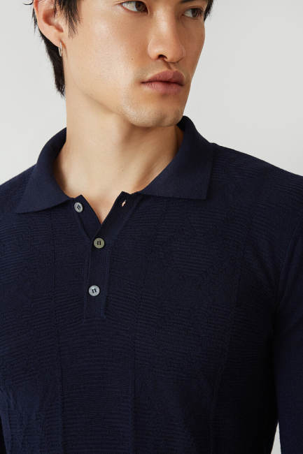 Navy Regular Fit Wool Düğmeli Polo Collar Knitwear (2)