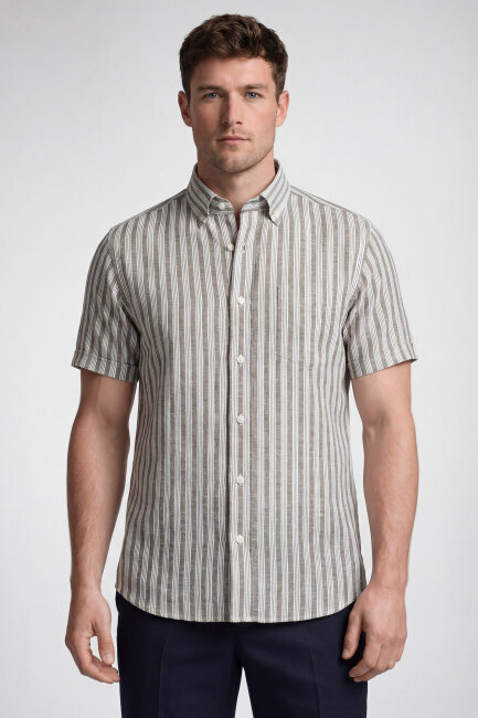 Erkek Regular Fit Kısa Kol Paşa Yaka Cepli Keten Bej Gömlek - 1