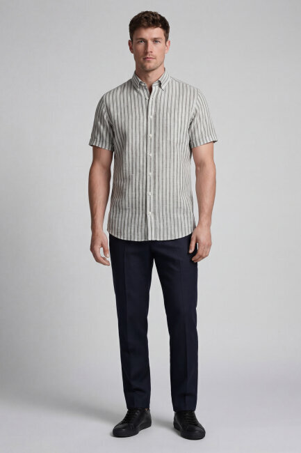 Erkek Regular Fit Kısa Kol Paşa Yaka Cepli Keten Bej Gömlek - 4