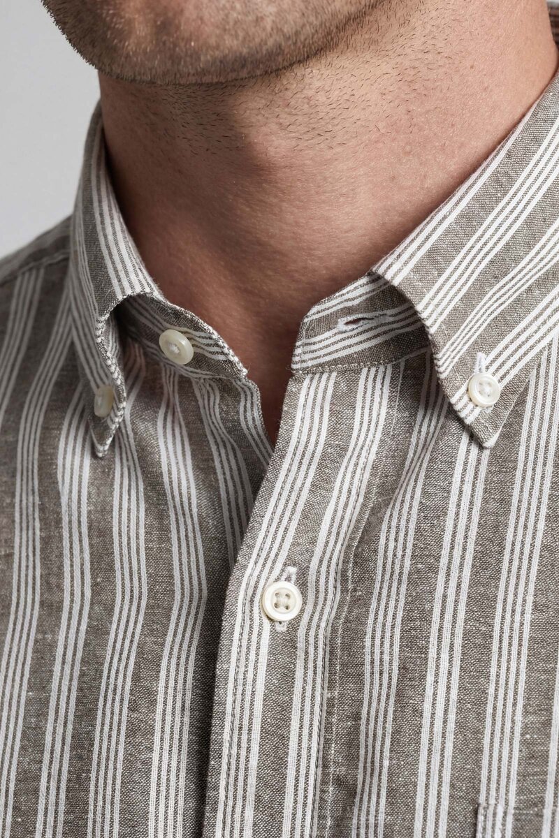 Erkek Regular Fit Kısa Kol Paşa Yaka Cepli Keten Bej Gömlek (1)