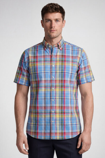 Erkek Regular Fit Kısa Kol Paşa Yaka T Cep Pamuk Kırmızı Gömlek - 1