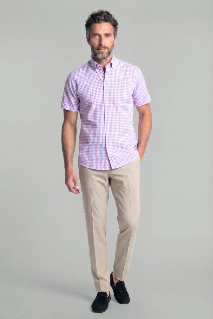 Erkek Regular Fit Kısa Kol Paşa Yaka Tek Cep Pamuk Pembe Gömlek - 3