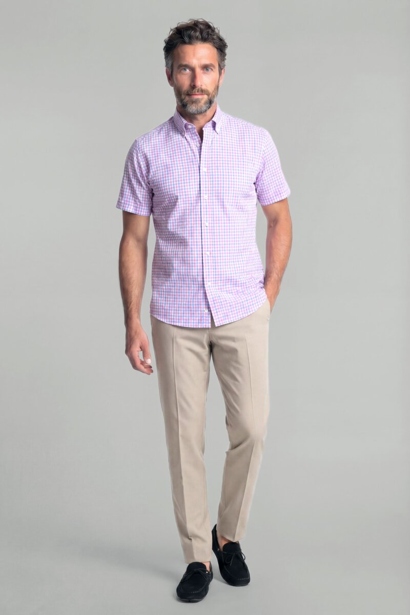 Erkek Regular Fit Kısa Kol Paşa Yaka Tek Cep Pamuk Pembe Gömlek - 3