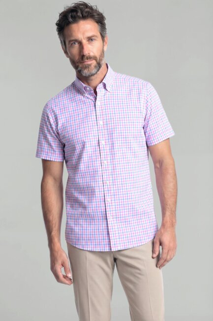 Erkek Regular Fit Kısa Kol Paşa Yaka Tek Cep Pamuk Pembe Gömlek