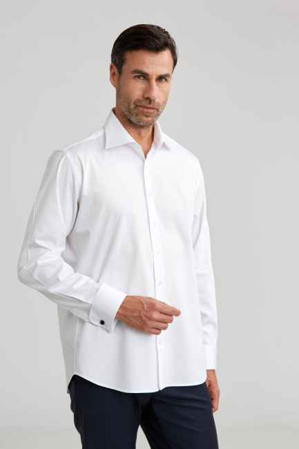 Erkek Regular Fit Klasik Yaka Duble Manşet Cepsiz Beyaz Gömlek - 5