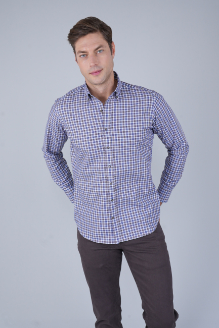 Erkek Regular Fit Küçük Kareli Spor Uzun Kollu Gömlek